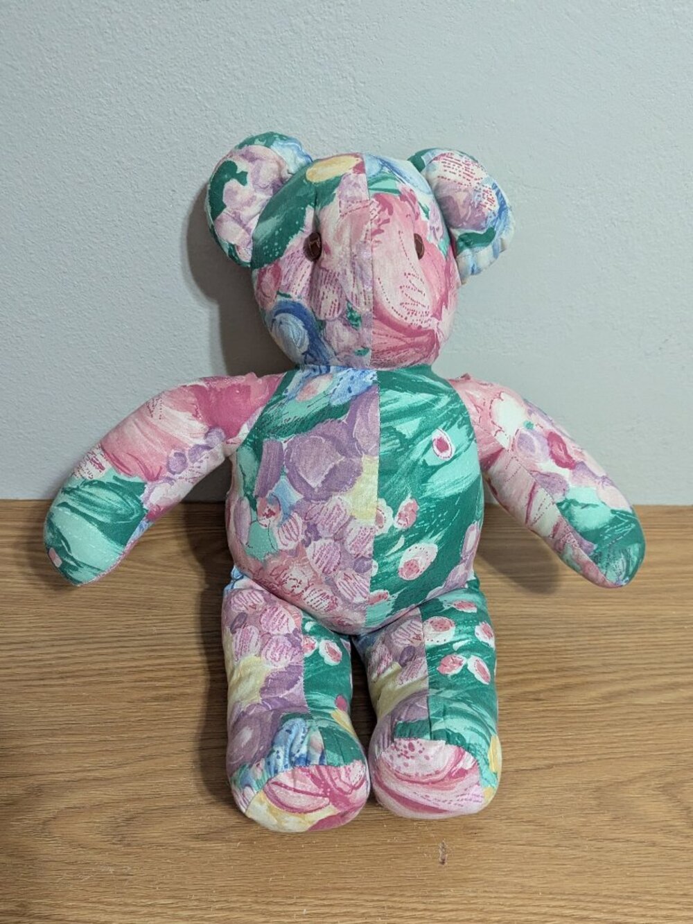 VINTAGE HANDMADE FLORAL FABRIC TEDDY BEAR